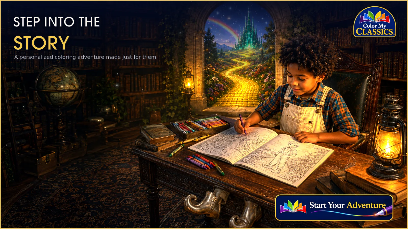 A child colors a personalized storybook as the Emerald City glows through a library archway.
