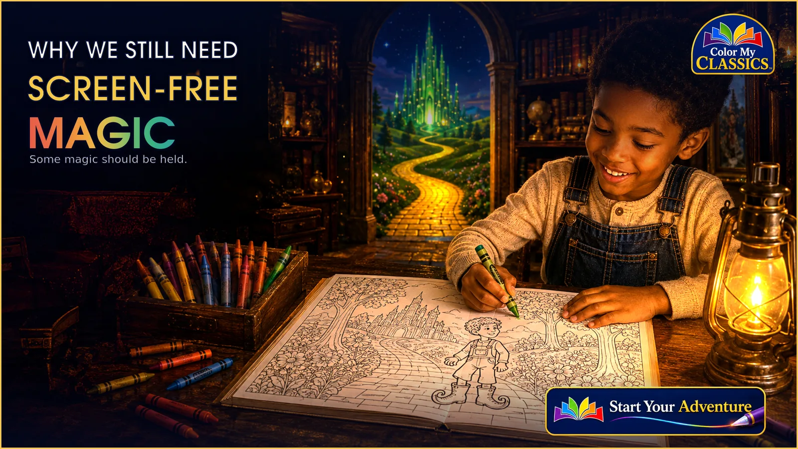 A child colors a storybook by lantern light as a green castle glows through an archway.