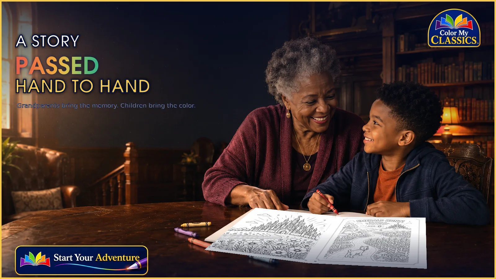 A grandmother and grandchild color a personalized storybook together at a table.