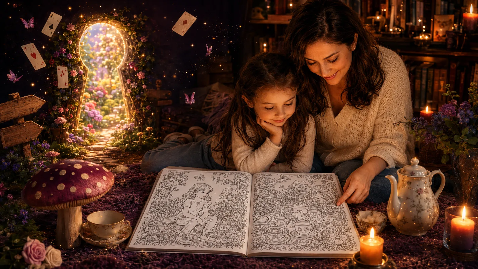 A mother and daughter share a personalized coloring book in a candlelit reading nook beside a glowing keyhole.