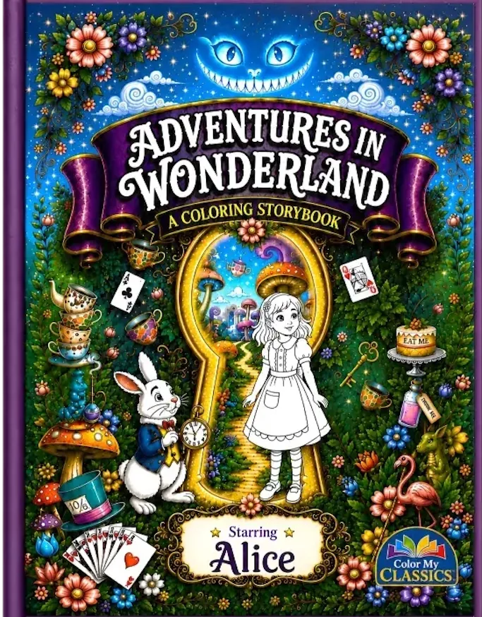 Personalized Alice in Wonderland coloring book — custom cover for kids