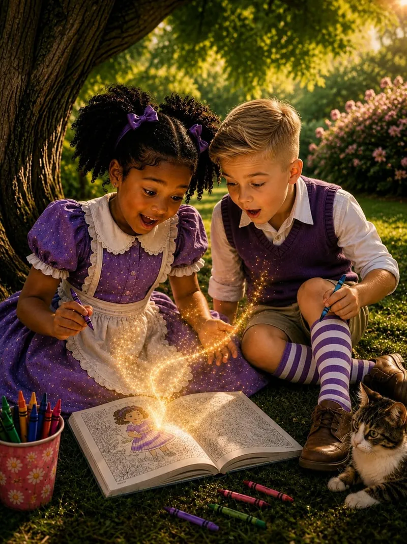 A girl and a boy coloring their personalized Alice in Wonderland books under a tree