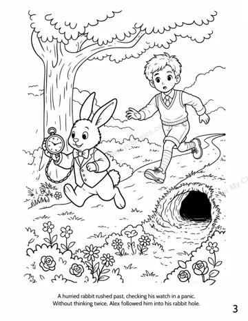 Interior sample page 2 from the personalized Alice in Wonderland boy edition coloring book