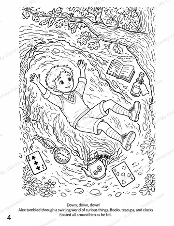 Interior sample page 3 from the personalized Alice in Wonderland boy edition coloring book