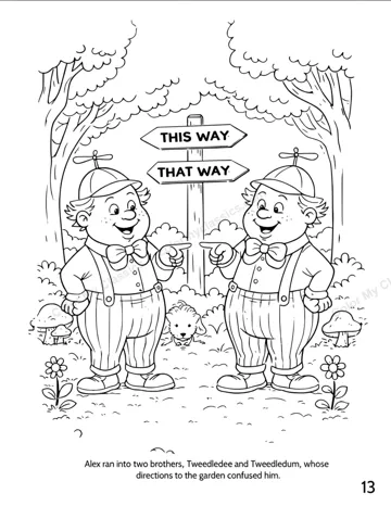 Interior sample page 5 from the personalized Alice in Wonderland boy edition coloring book