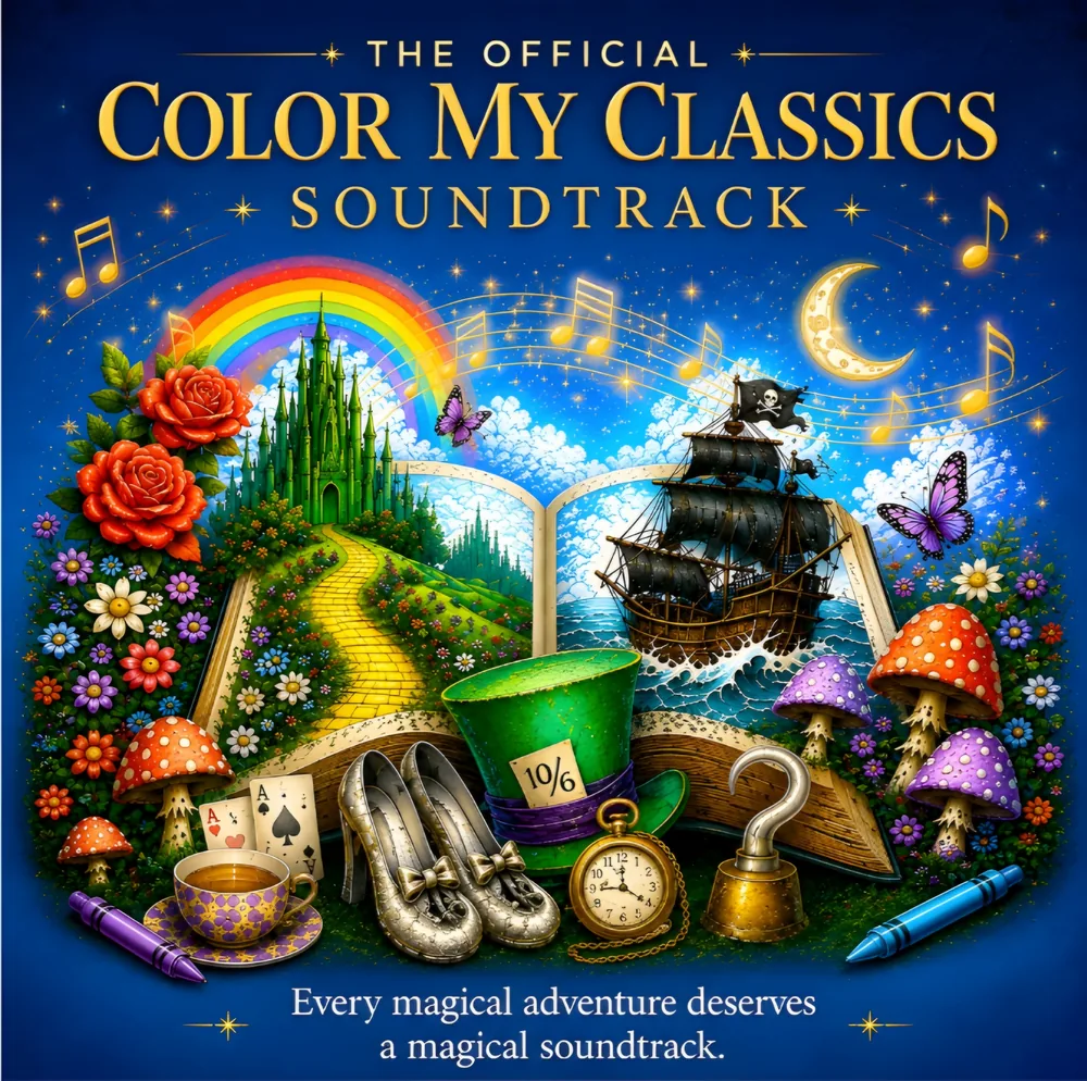 The Official Color My Classics Soundtrack cover: an open storybook with the Yellow Brick Road, a pirate ship, and the Mad Hatter's hat under a starry sky.