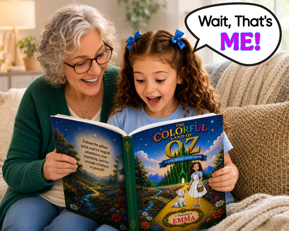 A grandmother and her granddaughter reading a personalized Colorful Land of Oz coloring book; the girl says, "Wait, that's me!"