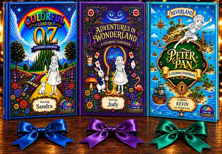 Three personalized hardcover coloring books tied with ribbons: The Colorful Land of Oz, Adventures in Wonderland and Peter Pan