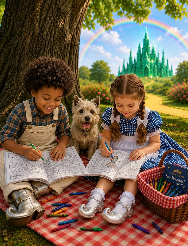 A boy and a girl coloring their personalized Wizard of Oz books on the Yellow Brick Road