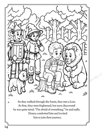 Interior sample page 3 from the personalized Wizard of Oz boy edition coloring book